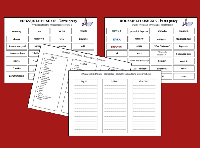 RODZAJE LITERACKIE - liryka - epika - dramat - klasy 7- 8 - karta pracy - fiszki - egzamin - powtórka + odpowiedzi