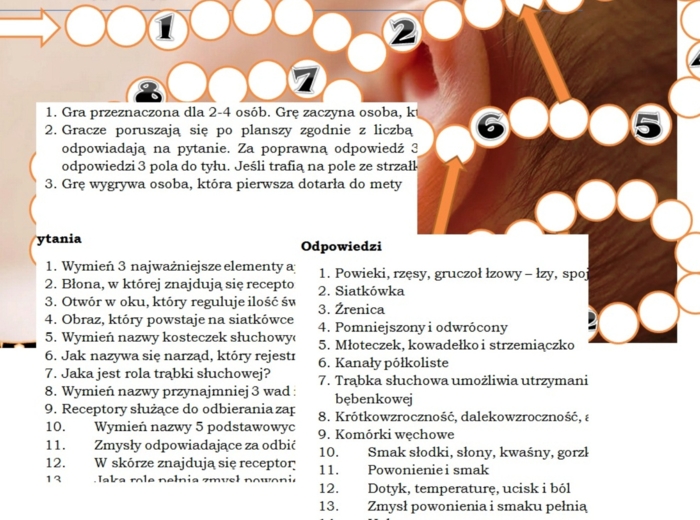Narządy zmysłów- gra planszowa dla klasy 7