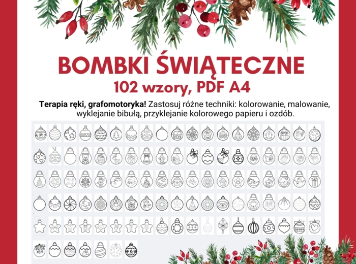 102 wzory BOMBKI ŚWIĄTECZNE A4 praca ucznia lub dekoracja, terapia ręki, grafomotoryka, rewalidacja.
