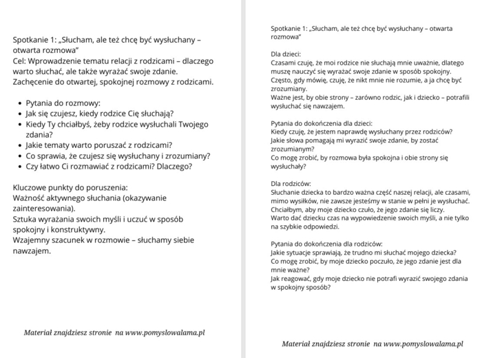 Cykl 12 zajęć nt. radzenia sobie z problemami w relacjach z rodzicami