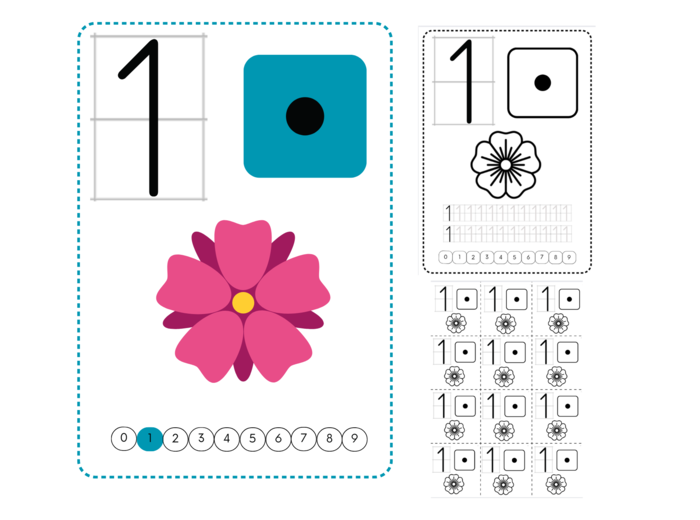 Cyfry 0-9. Tablice demonstracyjne kolorowe, karty pracy czarno-białe i wklejki do zeszytu