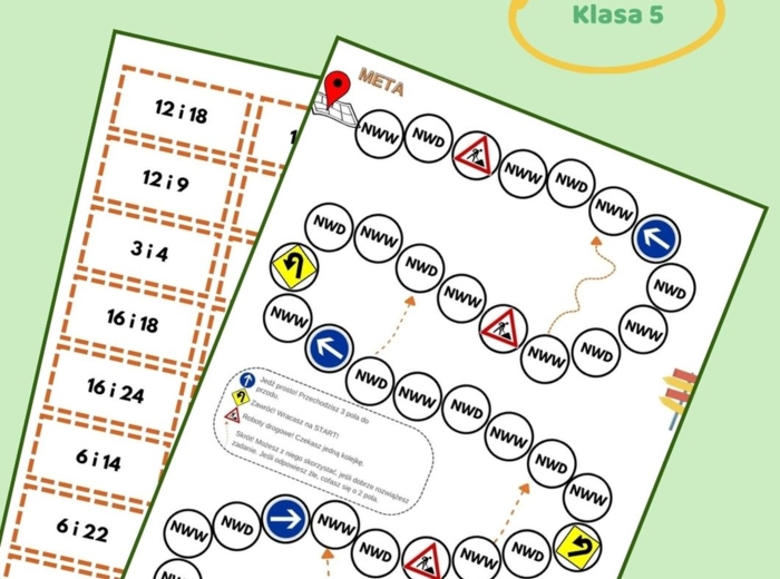 NWW i NWD, gra planszowa, wielokrotności i dzielniki, klasa 5