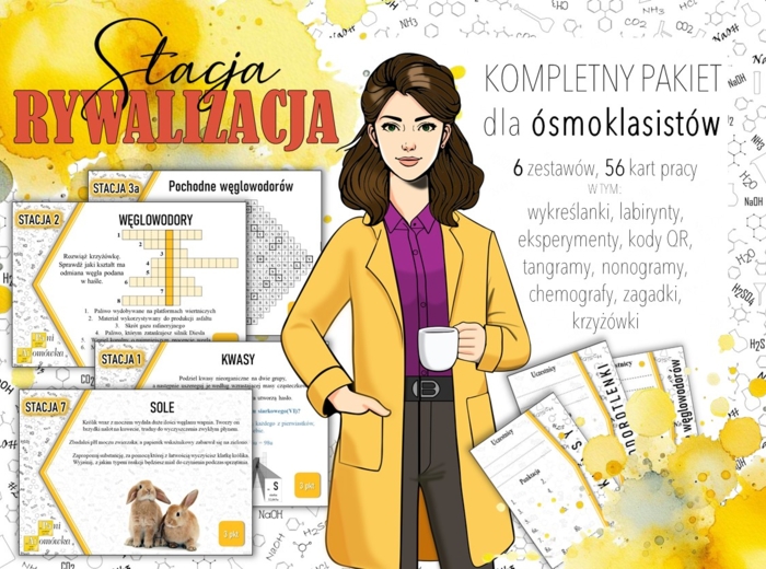 Stacja: RYWALIZACJA! PAKIET na cały rok szkolny! Klasa 8. Chemia. Powtórzenie wiadomości. Praca grupowa. Gra dydaktyczna. Zadanie. Stacje zadaniowe. MOC powtórki.