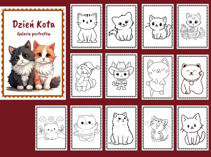 🖤🐱DZIEŃ KOTA – Galeria portretów – kolorowanka – kolorowanki – biblioteka – świetlica – przedszkole – 25 wersji - Dzień Czarnego Kota