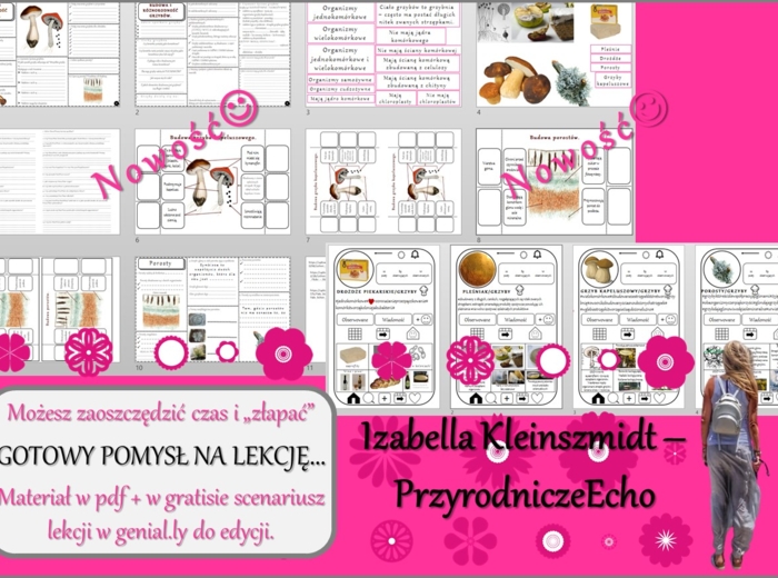 Pomysł na lekcję/karta pracy/stacje zadaniowe/materiał do lekcji do tematu „Budowa i różnorodność grzybów. Porosty” w pdf. W gratisie niekomercyjny scenariusz lekcji/pomysł na lekcję w programie genial.ly do edycji. Biologia 5. Dział „Wirusy, bakterie, g