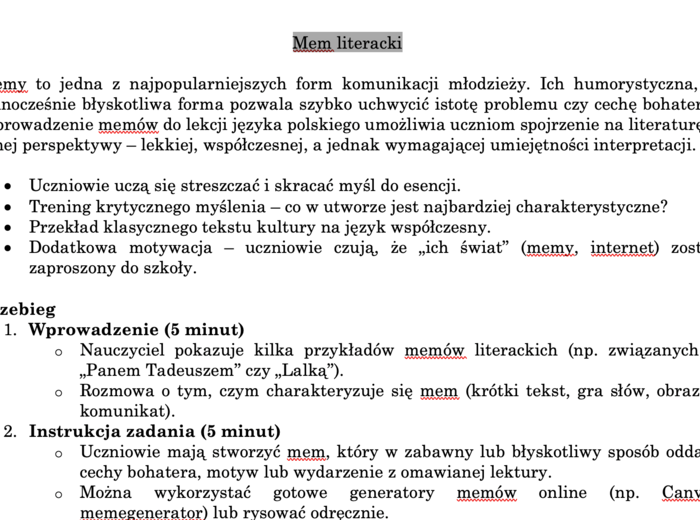 Mem literacki - scenariusz ćwiczenia + przykłady