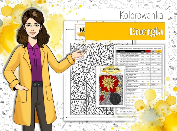 Klasa 7. Fizyka. Energia. Pojęcia, wzory i zadania. Kolorowanka fizyczna. Karta pracy. Zadanie. MOC powtórki.