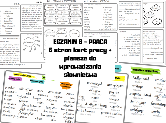 EGZAMIN 8 - praca (karty pracy + plansze ze słownictwem)