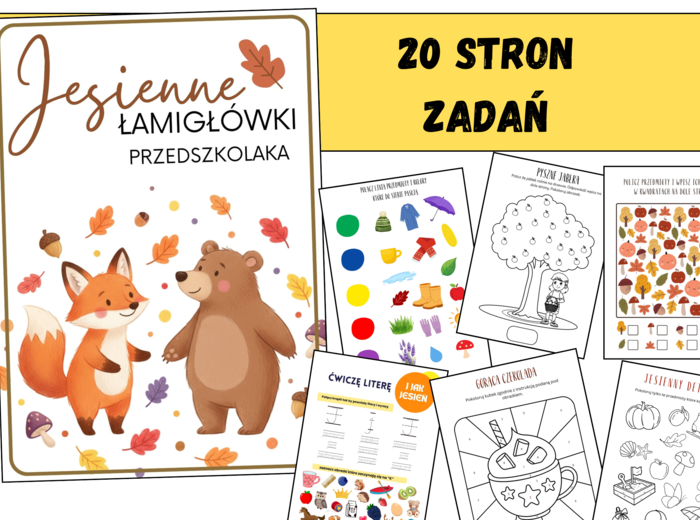 PROMOCJA! JESIENNE ŁAMIGŁÓWKI DLA UCZNIÓW PRZEDSZKOLA/JESIEŃ- 20 stron kreatywnych zadań+ dyplom, pomocy naukowych