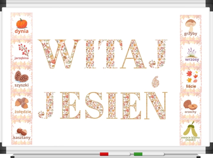 Witaj jesień - gazetka szkolna, literki oraz dary jesieni, szablon canva- wersja polska