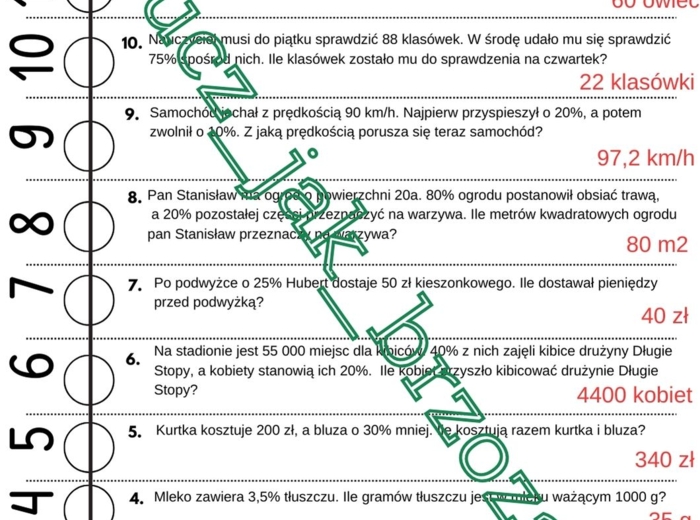 Procenty, zadania tekstowe, klasa 7, sztafeta zadaniowa
