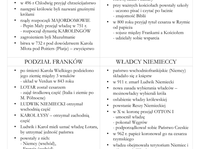 Początki średniowiecza - karty pracy w formie mini ściągi