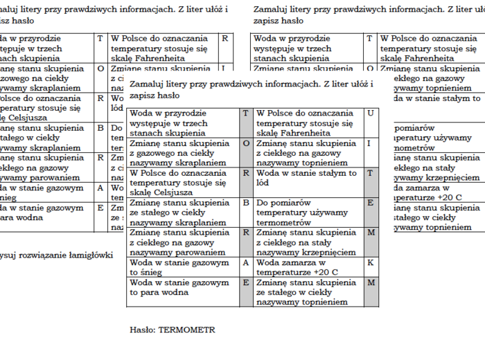 Łamigłówka dla klasy 4 na podsumowanie lekcji o stanach skupienia wody