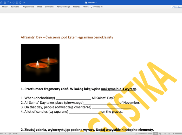 All Saints' Day - Wszystkich Świętych- ćwiczenia dla ósmoklasistów + słowniczek i klucz