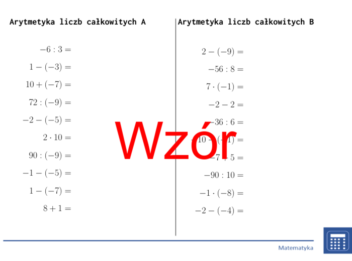 Arytmetyka liczb całkowitych | matematyka | 26 kolumn