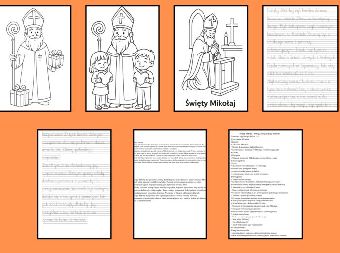 7 stron Święty Mikołaj – scenariusz zajęć + tekst + 3 kolorowanki + pisanie po śladzie (kl. 1–3)
