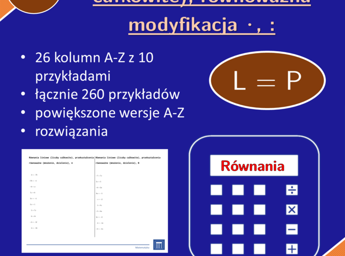 Równania liniowe (liczby całkowite), przekształcenia równoważne (mnożenie, dzielenie) | matematyka, algebra | 26 kolumn