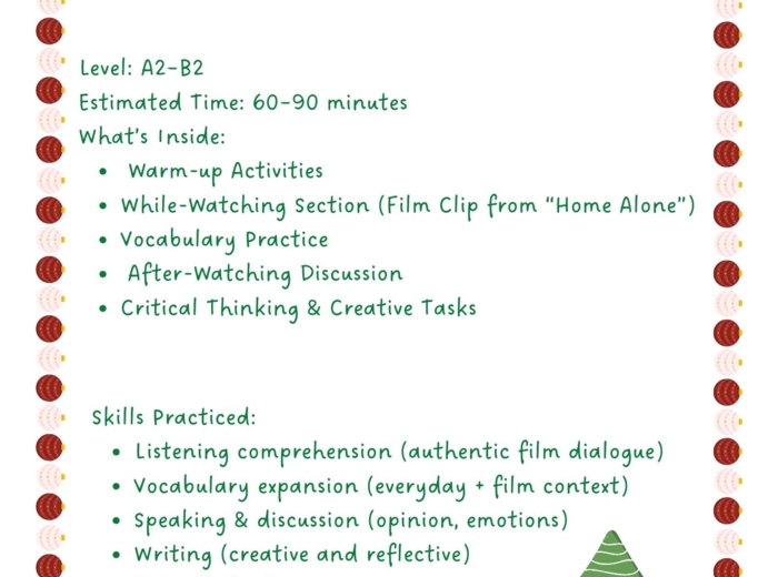 🎬 Home Alone: A Christmas Chaos – Vocabulary, Emotions & Family Fun (Materiał do nauki angielskiego na podstawie filmu „Kevin sam w domu”) – poziom A2–B2, 6 stron, Kevin sam w domu, święta, film po angielsku, słuchanie, mówienie, pisanie, słownictwo, emo