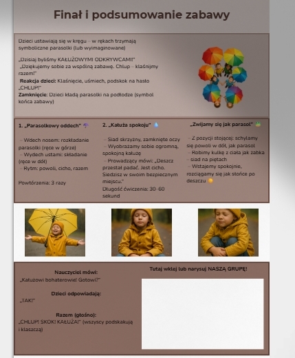 „Skaczące kałuże” – zabawa ruchowa z kartonowymi kałużami.