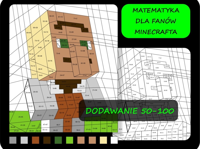 Dodawanie liczb dwucyfrowych, kolorowanka matematyczna, pokoloruj według wyników dodawania, Minecraft