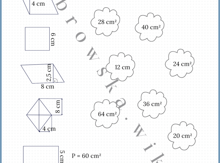 Pole prostokąta, kwadratu, równoległoboku i rombu - karta pracy