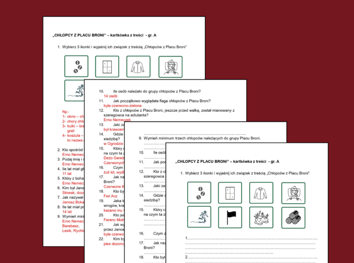 CHŁOPCY Z PLACU BRONI – egzamin - lektury - sprawdzian – kartkówka- 2 grupy + odpowiedzi
