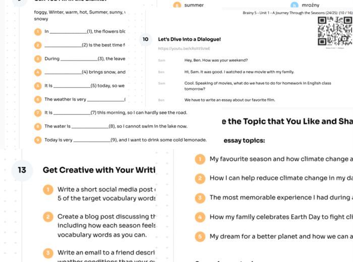 Brainy 5 - Unit 1 - karta pracy - A Journey Through the Seasons (24/25) - weather, seasons, countries
