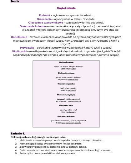 Karta pracy - części zdania, rodzaje zdań
