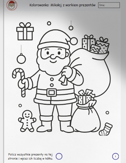Kolorowanki świąteczne – upominki, Mikołaj, renifery
