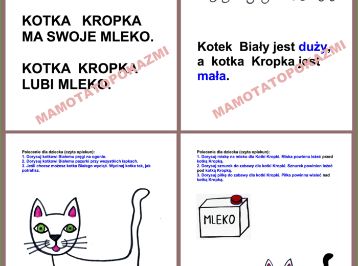 DZIEŃ KOTA. Proste zdania do czytania. Proste rysowanki. PDF do samodzielnego wydruku.