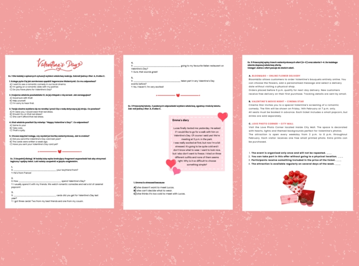 VALENTINE'S DAY:  Egzamin Ósmoklasisty z języka angielskiego na Walentynki  | Arkusz E8 + Answer Key | Poziom A2-B1