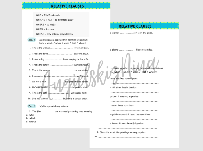Relative Clauses - Who / Which / That / Whose / When / Where - karta pracy - ćwiczenia - zadania - angielski - matura