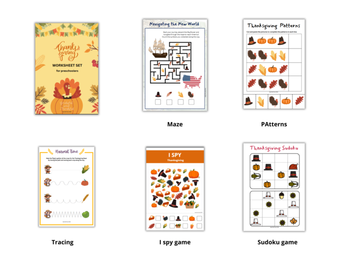 Thanksgiving - zestaw karty pracy plus karty obrazkowe z okazji dnia dziękczynienia dla przedszkolaka, język angielki