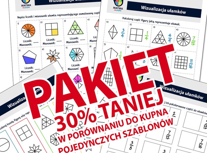 Ułamki zwykłe - Zestaw materiałów / Pakiet 4x A4 - Szkoła Podstawowa - Klasa 4 / 5 - Klasa Czwarta / Piąta - Ułamek zwykły jako część całości - Karta pracy o ułamkach zwykłych - Powtórzenie ułamków - Kolorowanka Wycinanka z ułamkami zwykłymi - Wizualizac