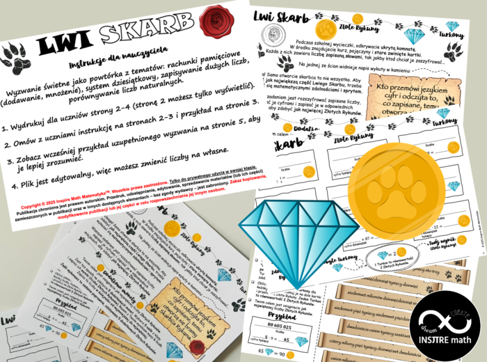 Matematyczne wyzwanie Lwi Skarb - dziesiątkowy system pozycyjny, system dziesiątkowy, duże liczby, rachunki pamięciowe, porównywanie liczb naturalnych.