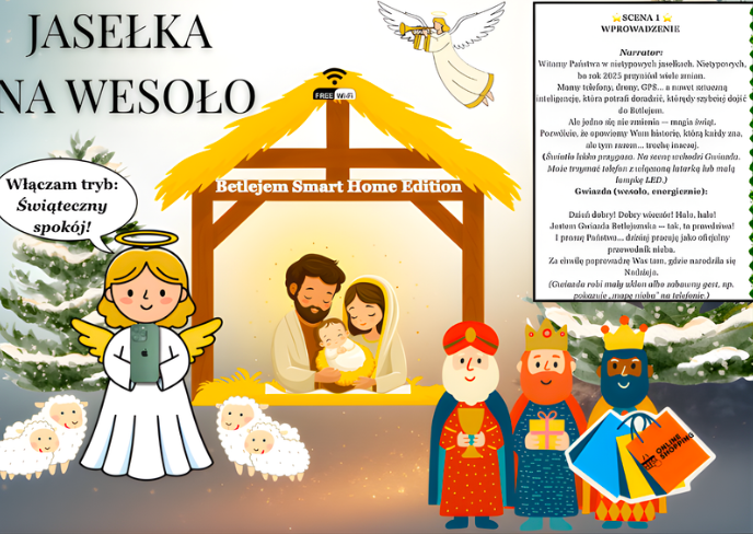 Scenariusz " Jasełka na wesoło"| Nowoczesne Jasełka| Zabawne i współczesne, krótkie dialogi łatwe do nauki| Plakat 4 x A4| Instrukcja z dodatkowymi wskazówkami dla nauczyciela