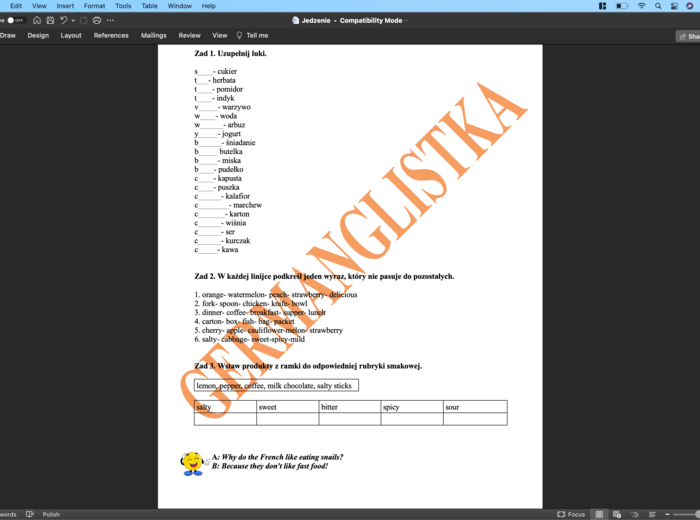 Jedzenie - ćwiczenia powtórzeniowe dla ósmoklasistów i nie tylko