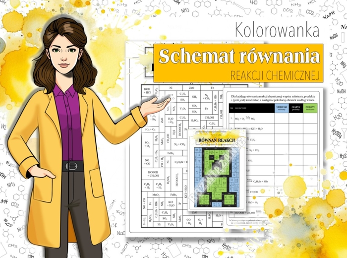 Chemia. Klasa 7. Schemat równania reakcji chemicznej. Chemiczna kolorowanka. Karta pracy. Zadanie. Minecraft.