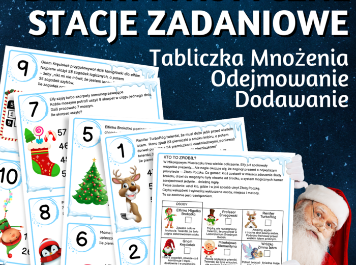 DETEKTYWISTYCZNE STACJE ZADANIOWE - dodawanie, odejmowanie, tabliczka mnożenie, mnożenie, dzielenie, klasa 3, 4, 5, 6, Boże Narodzenie, Święta, Mikołajki, Adwent, ferie, zima, powrót do szkoły, zagadki, łamigłówki,