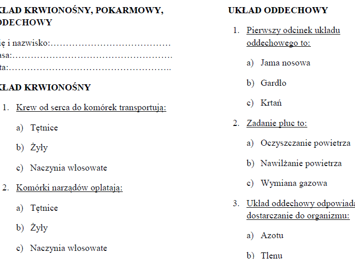 Układ krwionośny, oddechowy, pokarmowy