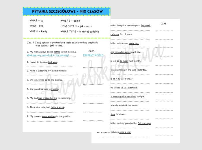 E8: Pytania szczegółowe - mix czasów - Present Simple / Present Continuous / Past Simple / Present Perfect / Past Continuous / Future Simple - egzamin ósmoklasisty - matura - angielski