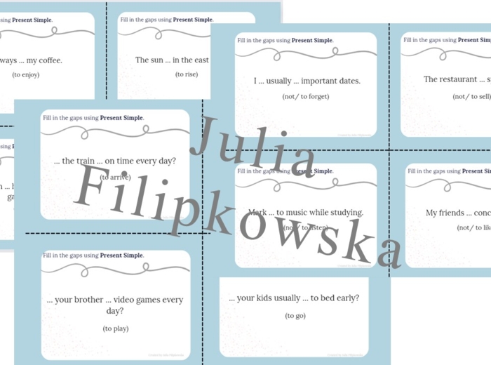 Present Simple/ Karty do mówienia/ Mówienie/ Speaking/ Zestaw/ Pakiet/ Konwersacje/ Klasy 4-8/ Klasy 4-6/ Klasy 6-8/ SP/ Warm-up/ Rozgrzewka/ Speaking cards/ Gramatyka/ Grammar/ Speaking cards grammar/ Grammar cards/ E8
