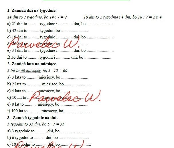OBLICZENIA KALENDARZOWE: dni, tygodnie, miesiące i lata - zadania z wyjaśnieniem, karty pracy - kl. 3