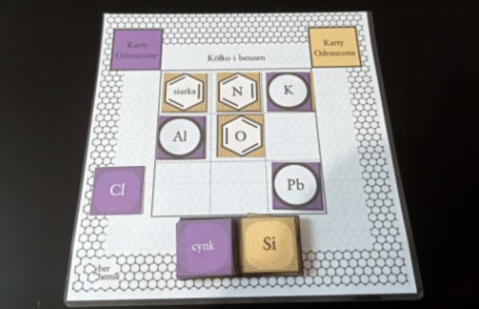 Tytuł: Klasa 7. Chemia. Gra kółko i krzyżyk (benzen) - fiszki nazwa i symbol pierwiastka