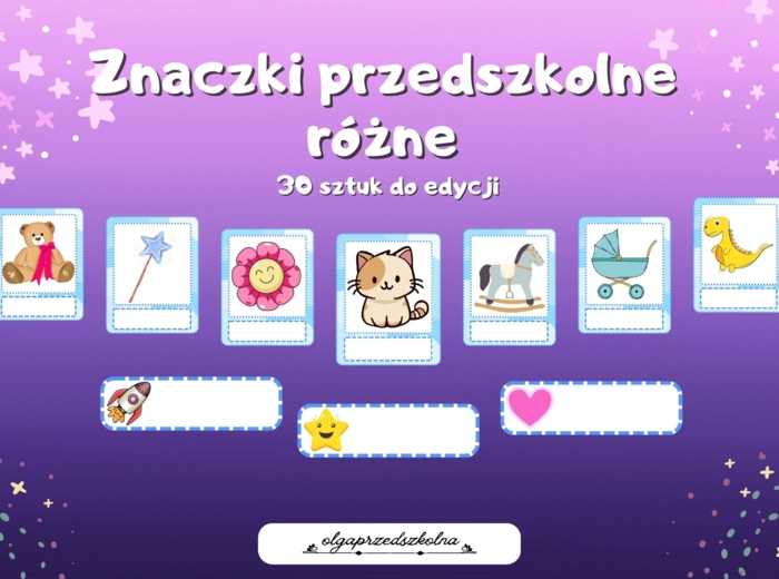 Znaczki przedszkolne różne 30 sztuk do edycji