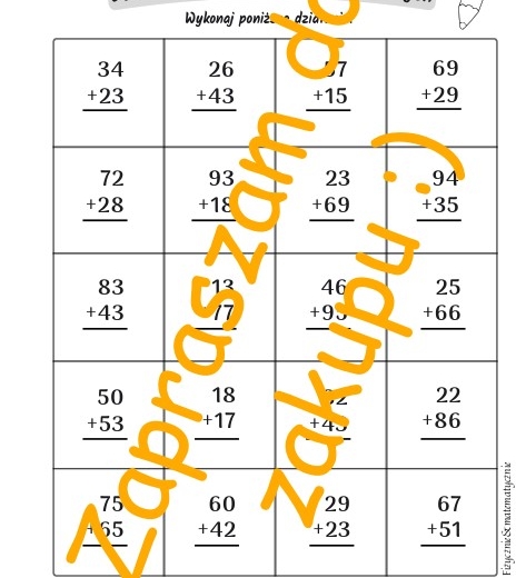 Dodawanie pisemne liczb dwucyfrowych z przekroczeniem i bez progu dziesiątkowego - karta pracy, kartkówka.