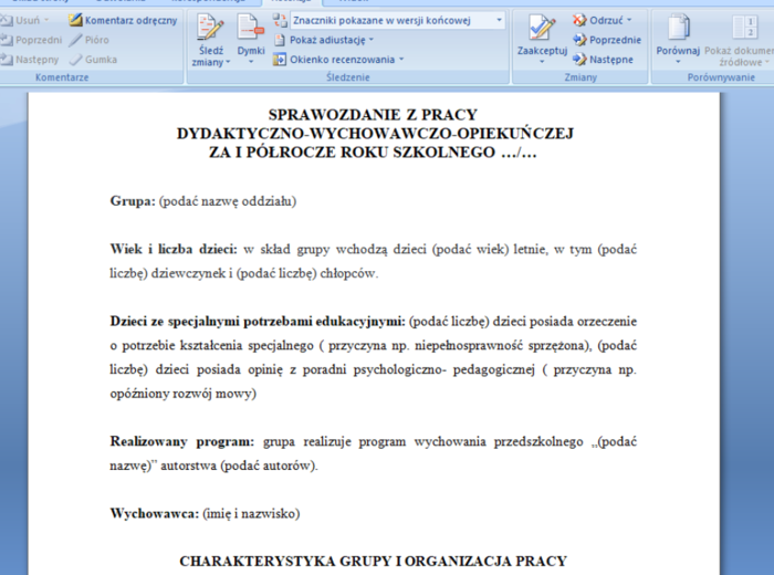 Sprawozdanie nauczyciela przedszkola z pracy dydaktyczno-wychowawczo-opiekuńczej za I półrocze