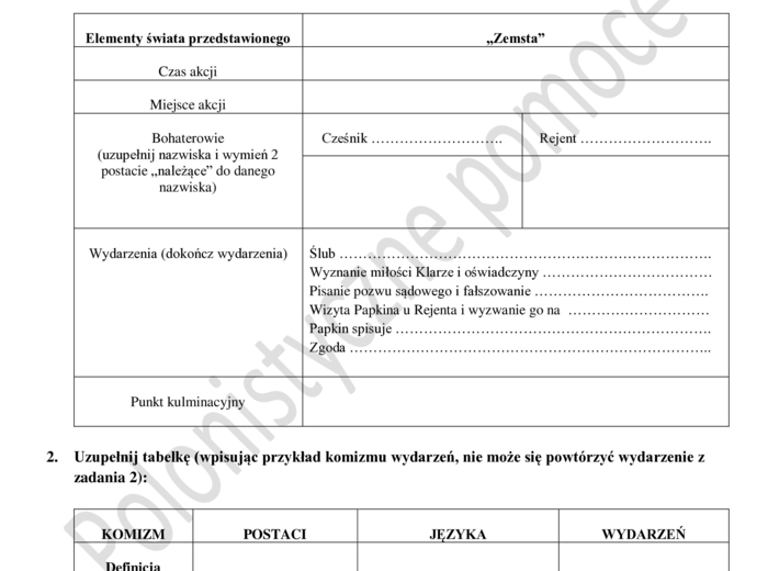 Sprawdzian po omówieniu lektury "Zemsta"