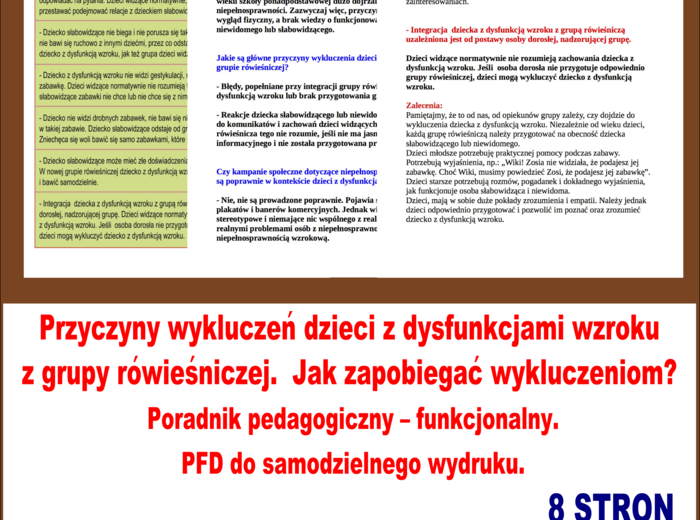Przyczyny wykluczeń dzieci z dysfunkcjami wzroku z grupy rówieśniczej. Jak zapobiegać wykluczeniom? Poradnik pedagogiczny – funkcjonalny. PFD do samodzielnego wydruku.