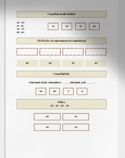 Dodawanie i odejmowanie dziesiątek. Karta pracy. Sprawdzian